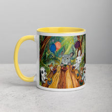 Load image into Gallery viewer, An 11 oz ceramic coffee mug, with yellow trim, printed with art of a cupcake party with three rabbits, two hamsters and a chinchilla in the forest
