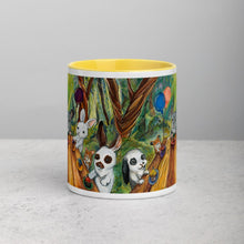 Load image into Gallery viewer, An 11 oz ceramic coffee mug, with yellow trim, printed with art of a cupcake party with three rabbits, two hamsters and a chinchilla in the forest
