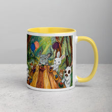 Load image into Gallery viewer, An 11 oz ceramic coffee mug, with yellow trim, printed with artwork of a cupcake party with three rabbits, two hamsters and a chinchilla in the forest
