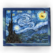 Load image into Gallery viewer, An art print of a recreation of Van Gogh's "Starry Night". A black cat with a red balloon sits on the crescent moon.
