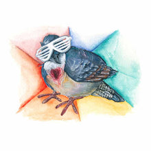 Load image into Gallery viewer, art print of a bleeding heart dove, wearing white shutter shades, against a rainbow background
