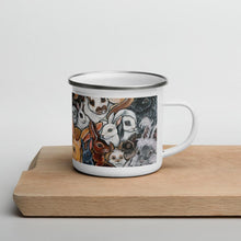 Load image into Gallery viewer, A 12 oz white enamel mug features art of several different bunny rabbit breeds
