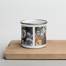 Load image into Gallery viewer, A 12 oz white enamel mug features an illustration of several different bunny rabbit breeds
