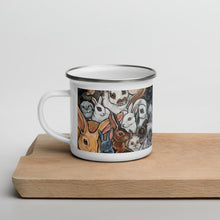 Load image into Gallery viewer, A 12 oz white enamel mug features artwork of several different bunny rabbit breeds
