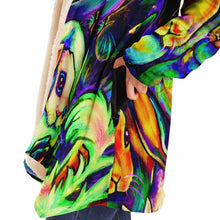 Load image into Gallery viewer, a man wears the bunny lovers rainbow cloak, featuring a bright, all-over rainbow print of different rabbit breeds. IT HAS POCKETS.
