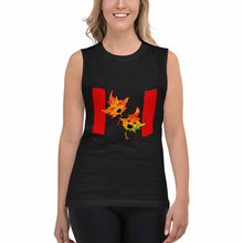 Load image into Gallery viewer, a woman wearing a black unisex muscle tank top, featuring a print of a stylized Canada flag graphic with two smiling maple leaves in the middle
