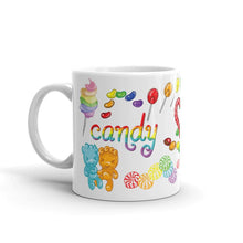 Load image into Gallery viewer, The Candy Lovers Mug, 11 oz size, is printed with 10 different types of candy in all the colours of the rainbow
