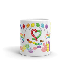 Load image into Gallery viewer, The Candy Lovers Mug, 11 oz size, is printed with 10 different types of candy in all the colours of the rainbow
