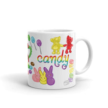 Load image into Gallery viewer, The Candy Lovers Mug, 11 oz size, is printed with 10 different types of candy in all the colours of the rainbow
