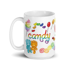 Load image into Gallery viewer, The Candy Lovers Mug, 15 oz size, features 10 different types of candy in all the colours of the rainbow
