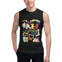 Load image into Gallery viewer, a man wearing a unisex tank top in the colour black, printed with a graphic of a variety of candy in rainbow colours, with the word "candy" in the center
