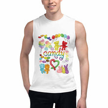 Load image into Gallery viewer, a man wearing a unisex tank top in the colour white, printed with a graphic of a variety of candy in rainbow colours, with the word "candy" in the center
