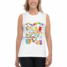 Load image into Gallery viewer, a woman wearing a unisex tank top in the colour white, printed with a graphic of a variety of candy in rainbow colours, with the word "candy" in the center
