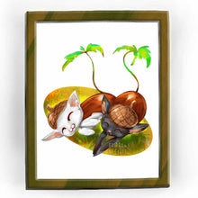 Load image into Gallery viewer, an art print featuring a digital illustration of a black cat and white cat painted as acorns, having a cat nap on the grass.
