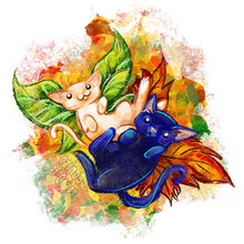 Load image into Gallery viewer, an art print featuring an illustration of a white and black cat, each with fairy wings made out of leaves, lying on top of a big pile of leaves.
