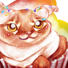Load image into Gallery viewer, illustration of a somali cat as a red velvet cupcake with rainbow sprinkles
