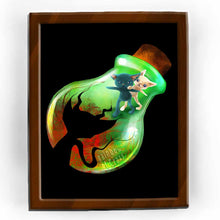 Load image into Gallery viewer, an art print featuring an illustration of a giant poison bottle, with a black cat and white cat inside, backed into the corner by a dark devilish shadow glowing red.
