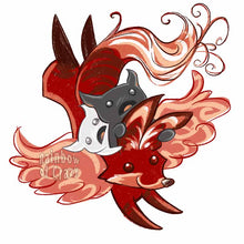 Load image into Gallery viewer, an art print featuring a digital illustration of a black cat and white cat, both looking a little scared, riding on the back of a giant fox with wings.
