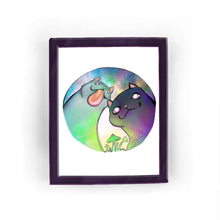 Load image into Gallery viewer, An illustration of a white cat and black cat staring hungrily at some glowing green mushrooms
