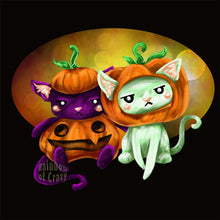 Load image into Gallery viewer, an art print featuring an illustration of a black cat and white cat looking very unimpressed in pumpkin costumes.
