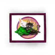 Load image into Gallery viewer, an illustration featuring artwork of a white cat wearing a green sweater, that's still being knit by a black cat.
