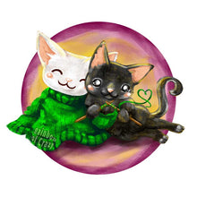 Load image into Gallery viewer, an illustration featuring art work of a white cat wearing a green sweater, that's still being knit by a black cat.
