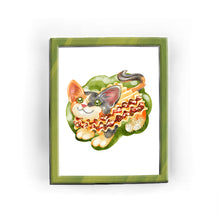 Load image into Gallery viewer, This art print features a cute munchkin cat painted as a delcious slice of lasagna.
