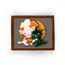 Load image into Gallery viewer, This illustration features a white cat with a chef hat, holding a pumpkin pie, and a black cat ready for a slice
