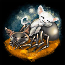 Load image into Gallery viewer, an art print featuring an illustration of a sleeping black cat painted as a funnel web spider, and a white cat curled up on the spider cat's back, having a nap. a tiny moon shines in the background.
