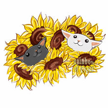 Load image into Gallery viewer, an art print featuring an illustration of a black cat and white cat peeking out from a bunch of sunflowers
