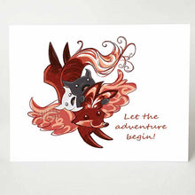 Load image into Gallery viewer, A greeting card with an illustration of a black cat and white cat, both looking a little scared, on the back of a fox with wings. The cats reads, let the adventure begin!
