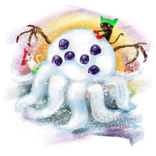 Load image into Gallery viewer, an illustration of a black cat, and white cat, building a kraken snowman

