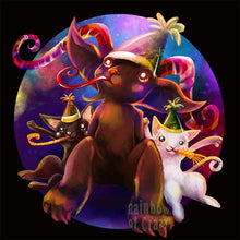 Load image into Gallery viewer, an illustration of a black cat, and white cat, celebrating the new year with krampus, wearing party hats and party horns
