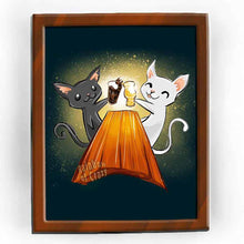 Load image into Gallery viewer, An art print featuring a digital illustration of a black cat and white cat, toasting each other with pints of beer at a wooden table.

