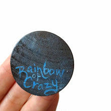 Load image into Gallery viewer, the back of the cheshire cat wood art, signed with, Rainbow of Crazy
