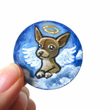 Load image into Gallery viewer, a small lightweight wood circle, hand painted with the portrait of a chihuahua as an angel in the clouds. available as a keepsake or pendant necklace
