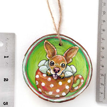 Load image into Gallery viewer, a tree ornament, hand painted with a chihuahua sitting in a mug of hot chocolate and marshmallows.

