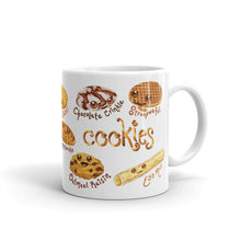 Load image into Gallery viewer, The Cookie Lovers Smile Mug in 11 oz size, includes a graphic of 10 different cookies with cartoon faces on them
