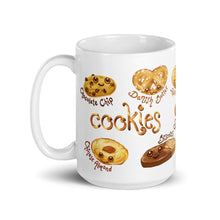 Load image into Gallery viewer, The Cookie Lovers Smile Mug in 15 oz size, includes a print of 10 different cookies with cartoon faces on them
