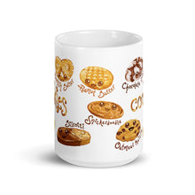 Load image into Gallery viewer, The Cookie Lovers Smile Mug in 15 oz size, includes a print of 10 different cookies with cartoon faces on them
