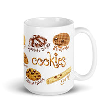 Load image into Gallery viewer, The Cookie Lovers Smile Mug in 15 oz size, includes a print of 10 different cookies with cartoon faces on them
