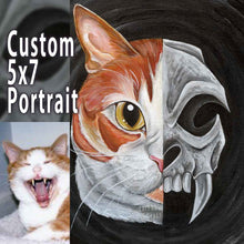 Load image into Gallery viewer, a custom split portrait painting. on the left side: an orange and white cat's face, on the right: its dark, stylized skull
