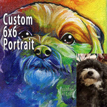 Load image into Gallery viewer, a custom 6x6 inch painting, featuring a white and black dog, painted in rainbow colours.
