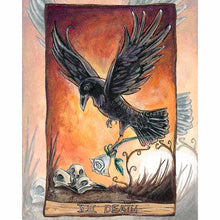Load image into Gallery viewer, an art print of the death tarot card, from the animism tarot: a raven rises up against a sunset sky, holding a white rose, while raven skulls sit below.
