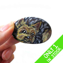 Load image into Gallery viewer, a small beach stone, hand painted with the portrait of a Yorkshire terrier dog, its paws painted on the underside
