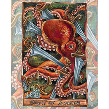 Load image into Gallery viewer, an art print of the eight of swords, from the Animism tarot deck: a red octopus is surrounded by eight swords, seemingly trapped. 
