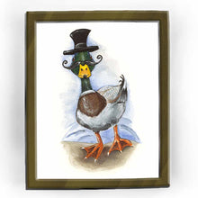 Load image into Gallery viewer, an art print featuring an illustration of a mallard duck wearing a black top hat and curly villain mustache
