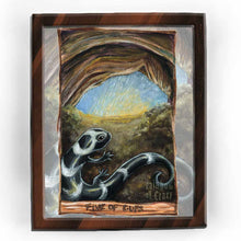 Load image into Gallery viewer, An art print of the five of cups card, from the animism tarot: a marbled salamander hides in a cave as the rain falls and the sun slowly rises
