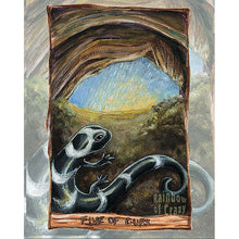 Load image into Gallery viewer, An art print of the five of cups card, from the animism tarot: a marbled salamander hides in a cave as the rain falls and the sun slowly rises
