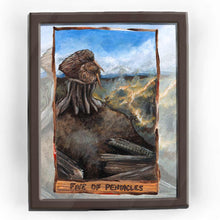 Load image into Gallery viewer, An art print of the five of pentacles card, from the animism tarot. A pair of kiwi birds sit back tree stump, comforting each other while their forest home burns in the distance.
